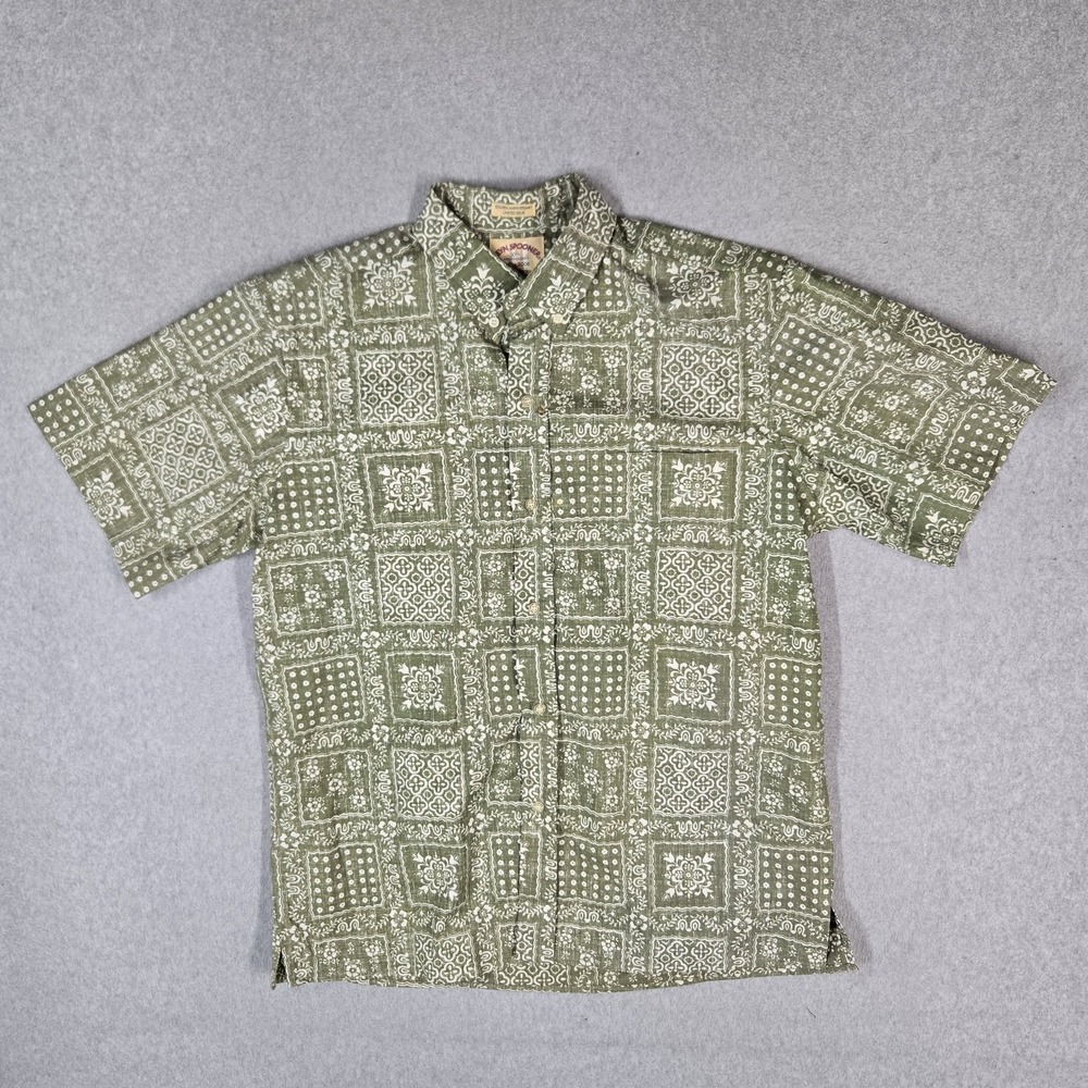 VINTAGE Reyn Spooner 2006 Men Button Up Shirt L Green Floral Golden Anniversary